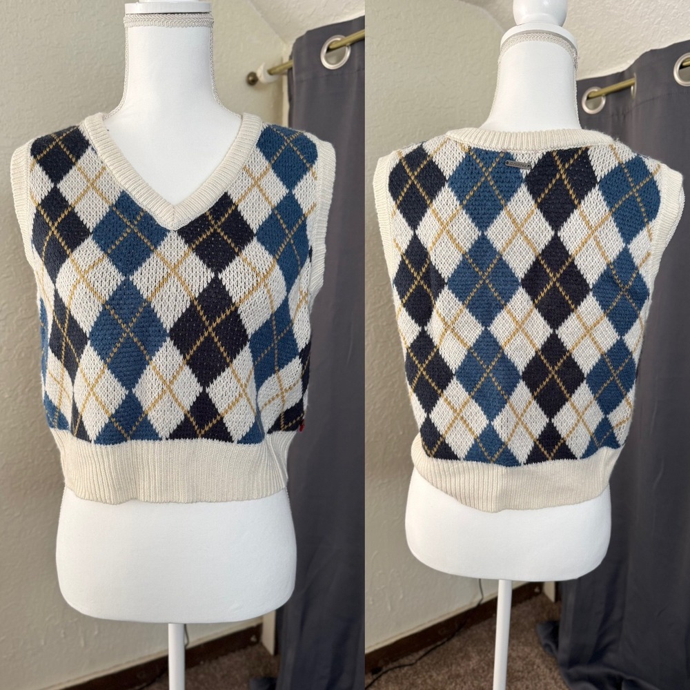 Dickies Girl Argyle Sweater Vest Blue Black White V-Neck Knit‎ Large